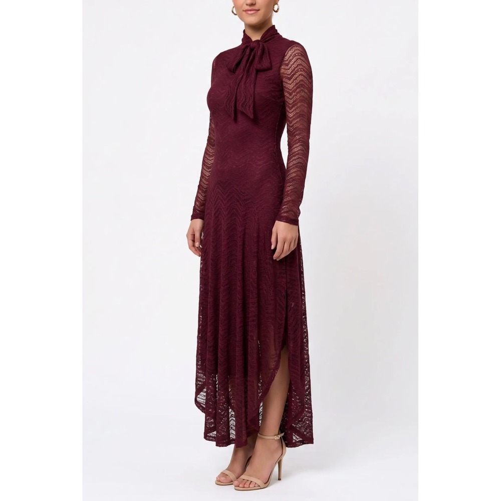 Rachel Roy Burgundy Lace High-Low Maxi Dress Tie Neck XL NWT